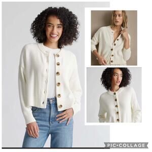 New QUINCE 100% Organic Cotton Cropped Button Up Cardigan Ivory Size Small S